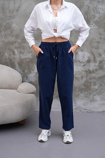 BigBrossBoutique Navy Blue Linen Blend Casual Comfortable Fit Women's Trousers