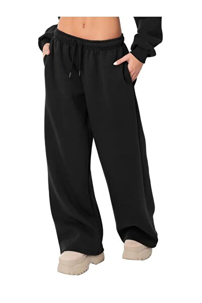 LOSSİA Pantaloni de sport negri pentru femei, largi, de mărime mare, cu tăiet...