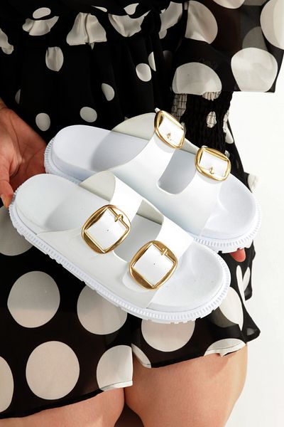 PAYZİN '' Si̇lvi̇e'' White Skin Gold Color Double Buckle White Sole Slippers New Season