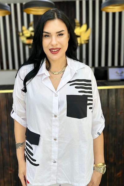 GÖKSEL White Black Patterned Shirt Large Size