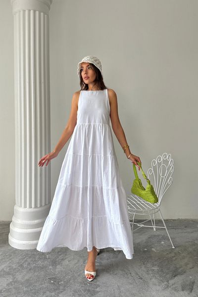 JANES Sleeveless Long Flame Linen Dress - White