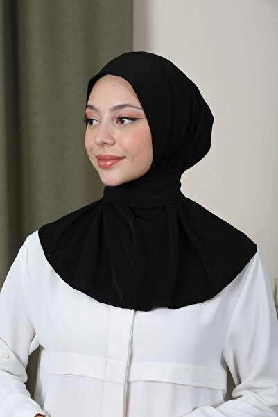 LA SEFA Tessetür Kadın Çıtçıtlı Hijap Bone Hazır Türban Şal Siyah