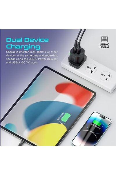 Promate Wall Charger, Compact 25W USB-C Power Delivery AC Charger with 18W QC 3.0 Charging Port, Ada