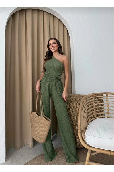 Lotus One Shoulder Seersucker Blouse -Pants Double Set