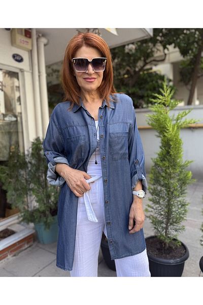 DenizEge Draped Denim Shirt Dark Blue
