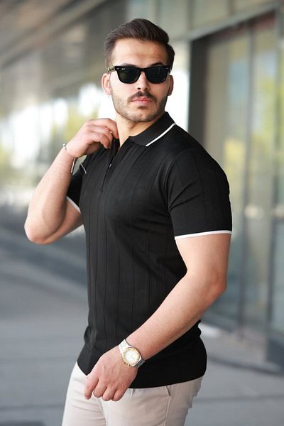 JANES Men's Zipper Collar Line Textured Short Sleeve T-Shirt