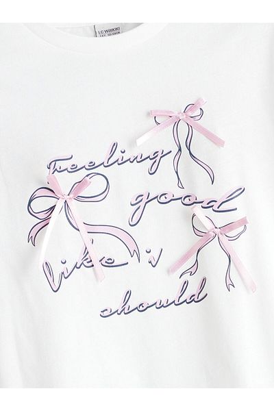 LC Waikiki Buxe White Crew Neck Ribbon Detailed Girl's T-Shirt