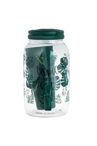 OEM Transparent Drink Dispenser with Tropical Leaf Pattern Faucet with 4 Plastic Cups Included 3.8L