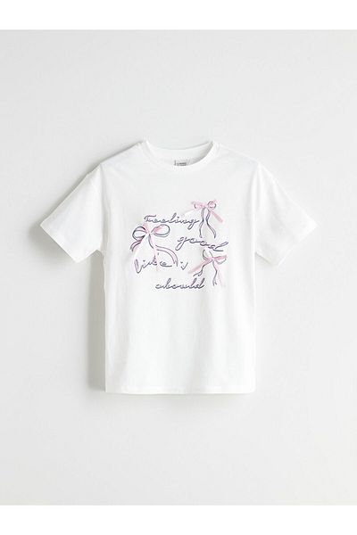 LC Waikiki Buxe White Crew Neck Ribbon Detailed Girl's T-Shirt