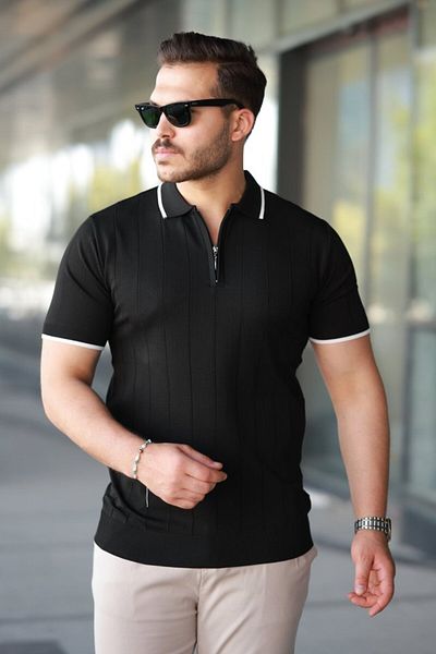 JANES Men's Zipper Collar Line Textured Short Sleeve T-Shirt