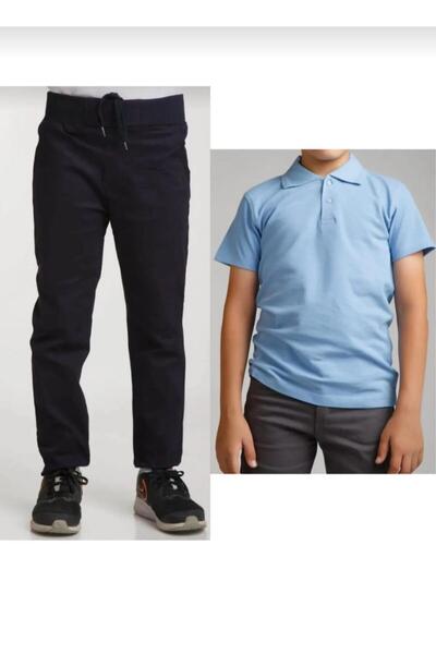 BAGİSTA BUTİK Children's Dark Blue Linen (Elastic Waist) Pants Light Blue Sho...