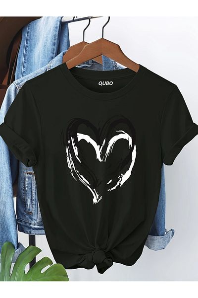 qubo sportswear & company Tricou negru cu mânecă scurtă, unisex, din bumbac, cu imprimeu supradimensionat