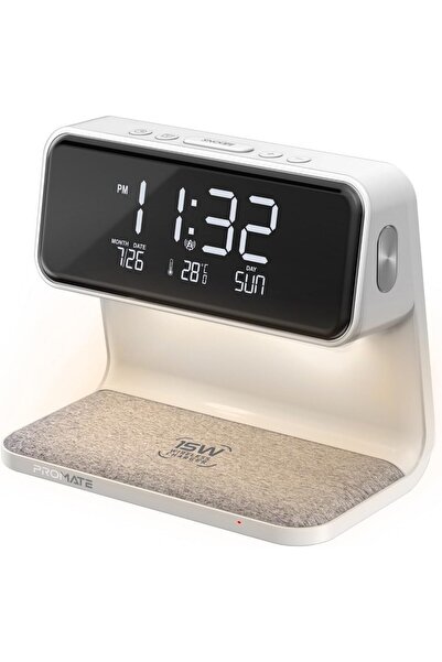 Promate ساعة منبه شحن لاسلكي Lumix-15W (15W، منبه مزدوج، إضاءة ليلية LED)