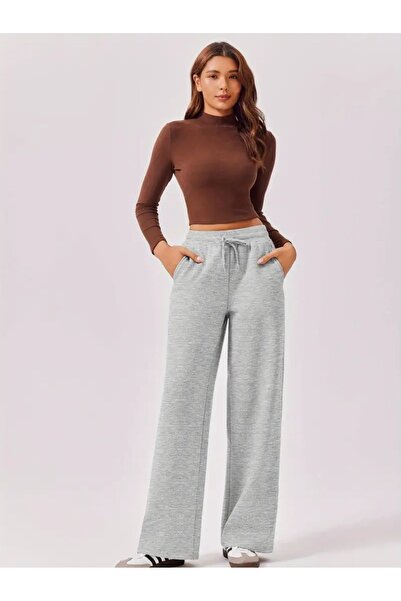 LOSSİA Γυναικείο γκρι φαρδύ παντελόνι φόρμας μεγάλου μεγέθους, υψηλής ποιότητ...