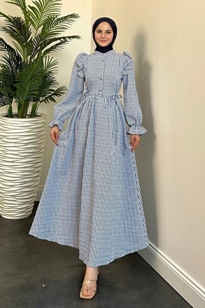 HBS Omuz Fırfırlı Çizgili Gofre Elbise Tesettür Elbise