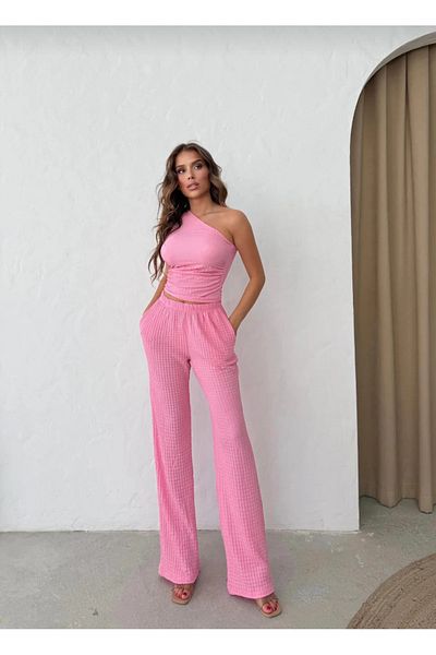 Lotus One Shoulder Seersucker Blouse -Pants Double Set