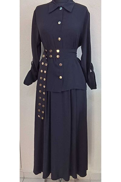 QUAWEAR Modal Fabric Rivet Detailed Belted Snap Closure Shirt and Skirt Two-Piece Set
