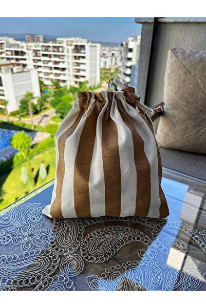 MEKİK BUTİK حقيبة قماش صغيرة من الكتان المخطط - منظم حقيبة برباط - حقيبة مكيا...