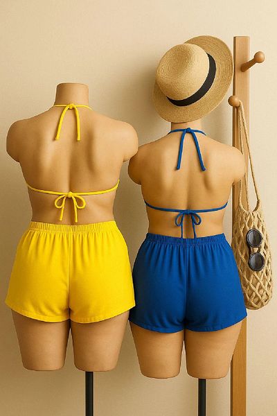 GiyimCity Women's Yellow and Blue Shorts Waist and Neck Tie Bikini Set