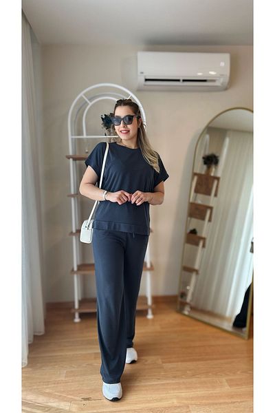 fidoş Women's Elastic Waist Top and Bottom Suit Blouse Trousers