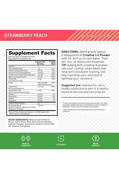 Optimum Nutrition Creatine Monohydrate Plus Powder, Strawberry Peach, 40 Servings, 360 Grams, Creatine Performance