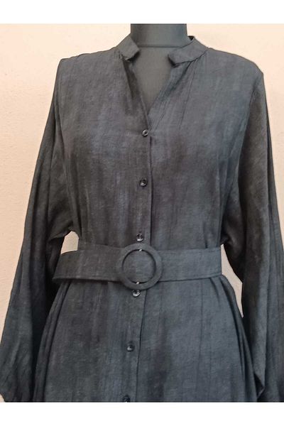 QUAWEAR V Neck Full Button Closure Full Length Dress with Belt