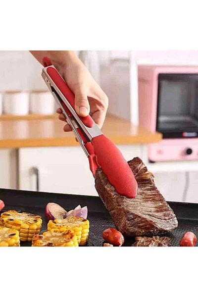 3B Trend Metal Frying Tongs Silicone Tip Tongs Red Color