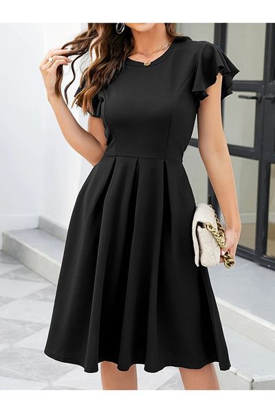 JANES Women's Butterfly Sleeve Crew Neck Pleated Imported Crepe Dress