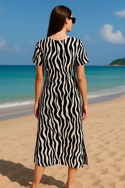 MAMAYAGA Women's V-Neck Front Gathered Half Sleeve 100% Viscose Patterned Sports Stylish Plus Size Curve Summer Dress