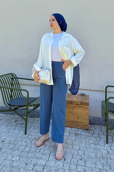 Tesettür Diyarı Linen Fabric Pocket Women's Trousers with Elastic Waist