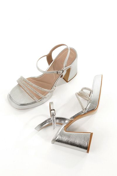 Modabuymus Janti Silver Stone High Thick Platform Heeled Evening Dress Shoes