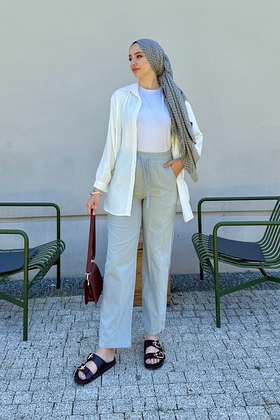 Tesettür Diyarı Linen Fabric Pocket Women's Trousers with Elastic Waist