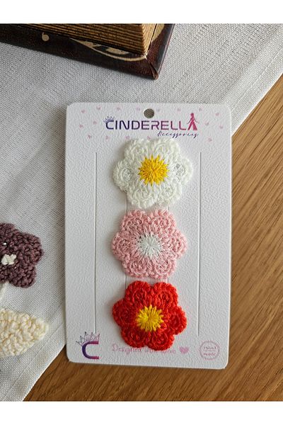 Cinderella 3Pcs Colorful Floral Knitted Handmade Hairless Baby Barrette 3.5cm - Newborn Little Hair Clip Barrette Set