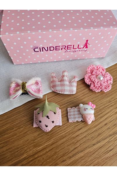 Cinderella Set of 5 Special Series Pink Bow Pearl Flower Little Hairless Baby Hairpin Newborn Gift Hairpin Set
