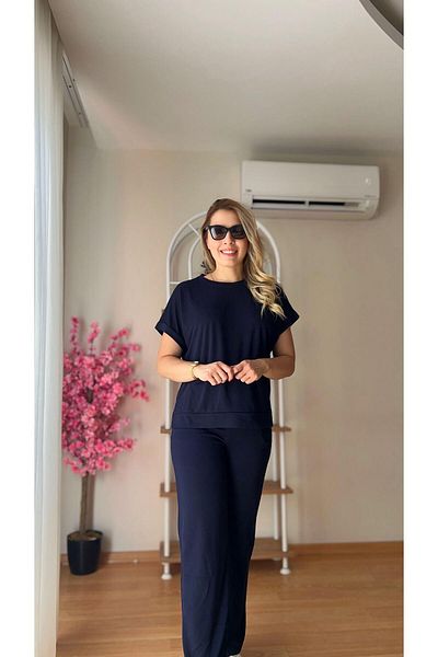 fidoş Women's Elastic Waist Top and Bottom Suit Blouse Trousers