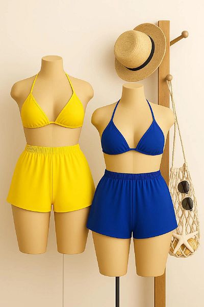 GiyimCity Women's Yellow and Blue Shorts Waist and Neck Tie Bikini Set