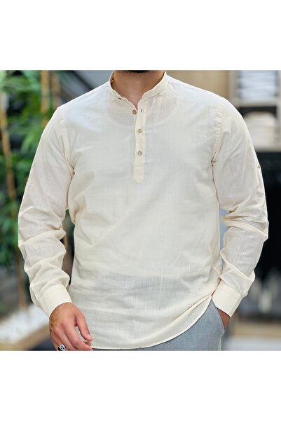 SAVARA Erkek hakim yaka bej renk 3 düğme %100 keten Slimfit gömlek