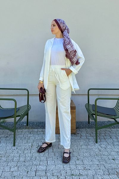 Tesettür Diyarı Linen Fabric Pocket Women's Trousers with Elastic Waist