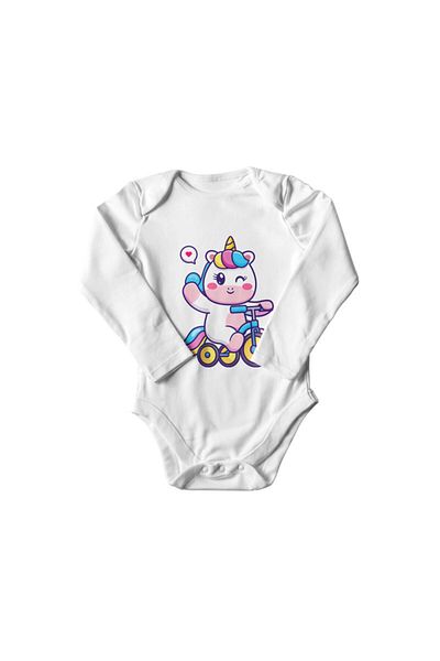 Printisimi Body bebelus "Unicorn pe bicicleta", Alb, Bumbac