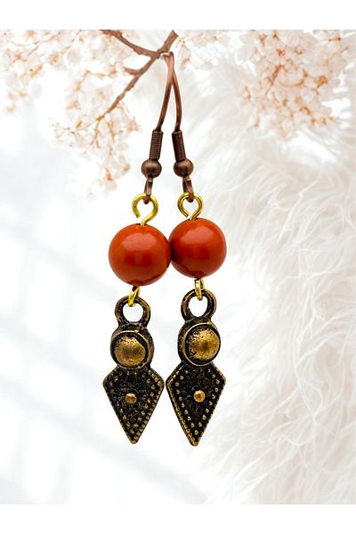 ayrestyle Bohemian Authentic Dangle Hook Earrings with Jasper Natural Stone - Arrowhead Motif, Dark Copper Color, 5cm