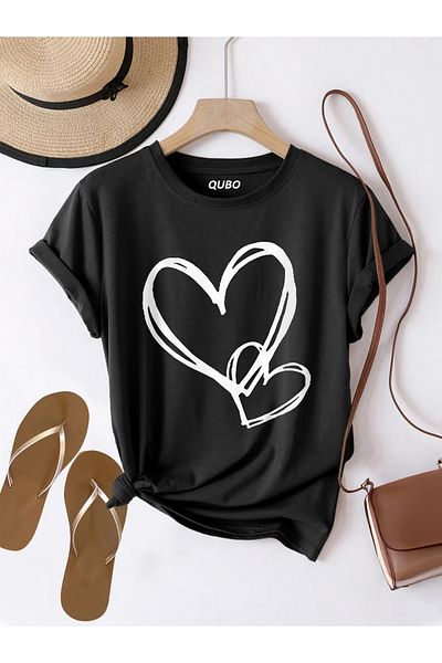 qubo sportswear & company Tricou negru cu mânecă scurtă, unisex, din bumbac, cu imprimeu supradimensionat