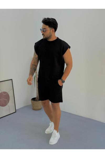 Combineman35 2-Piece Men's Summer Waffle Fabric T-Shirt and Shorts Set