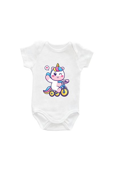 Printisimi Body bebelus "Unicorn pe bicicleta", Alb, Bumbac