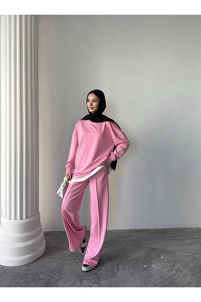 sportiness Σετ φόρμας oversize από ύφασμα με δύο κλωστές με γαρνιρισμένο λουράκι και λεπτομέρεια σχισμής