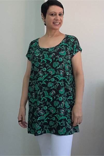 Mertcan Butik Μπλουζάκι με χαμηλό μανίκι από χτενισμένο βισκόζη με πράσινο μαύρο σχέδιο σε μέγεθος