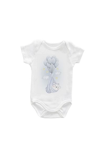 Printisimi Body bebelus "Ursulet cu baloane", Alb, Bumbac