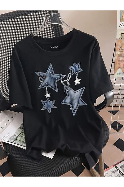 qubo sportswear & company Tricou negru cu mânecă scurtă, unisex, din bumbac, cu imprimeu supradimensionat