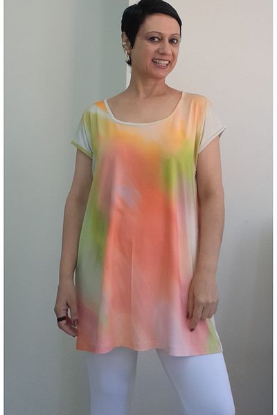 Mertcan Butik Multi-Colored Tie-Dye Patterned Size Whole Coming Low Sleeve Combed Viscose T-Shirt