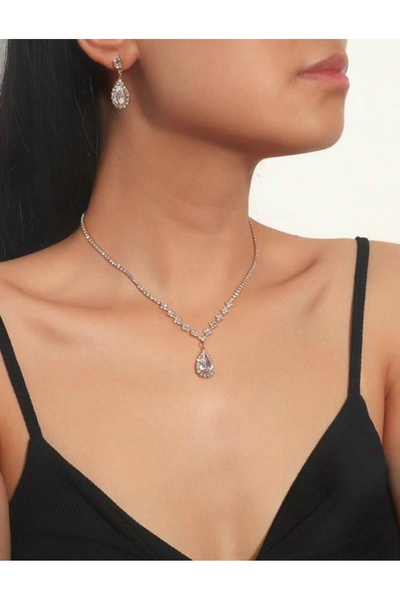 Oprah Kadın Damla Taşlı Gümüş Kaplama Kolye Küpe Seti