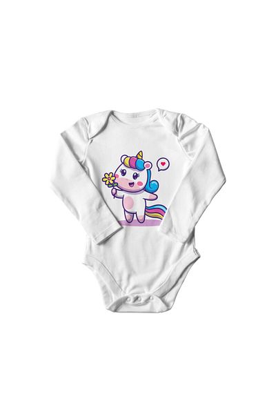 Printisimi Body bebelus "Unicorn cu floricica", Alb, Bumbac
